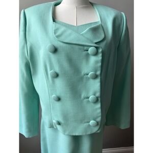 Vintage Paquin Aqua Dress Suit Set Sheath Dress Jacket Size 12